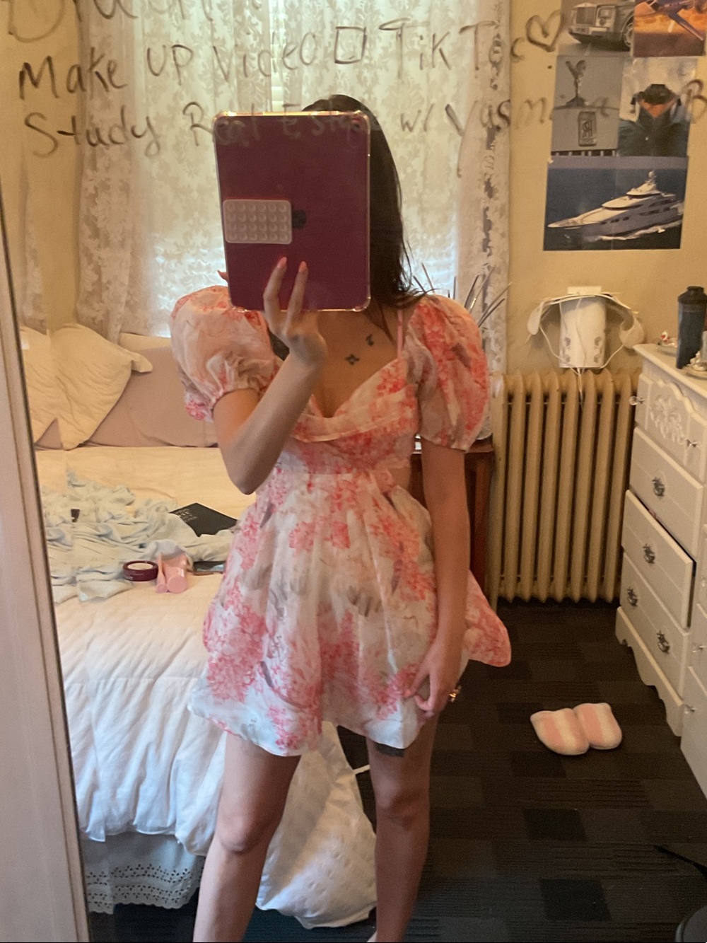 Floral Puff-Sleeve Mini Dress in Blush Pink